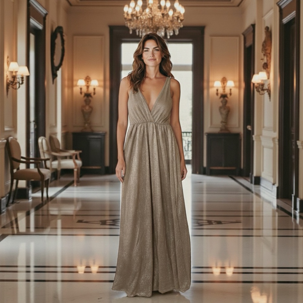 Lily Rain Metallic Gold Goddess Maxi Dress Small